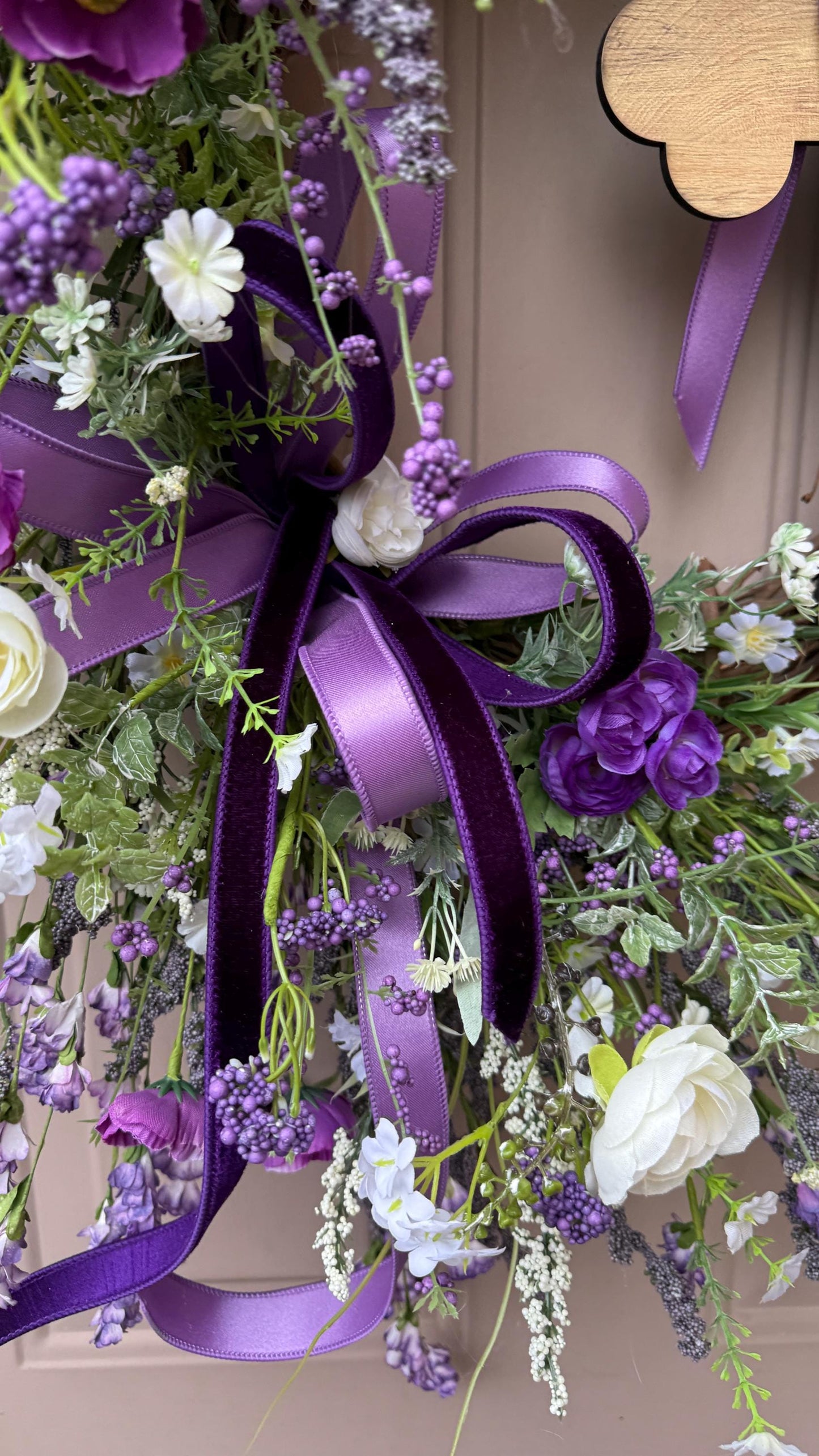 Purple Floral Easter Wreath with Wooden Cross – Christian Spring Door Decor