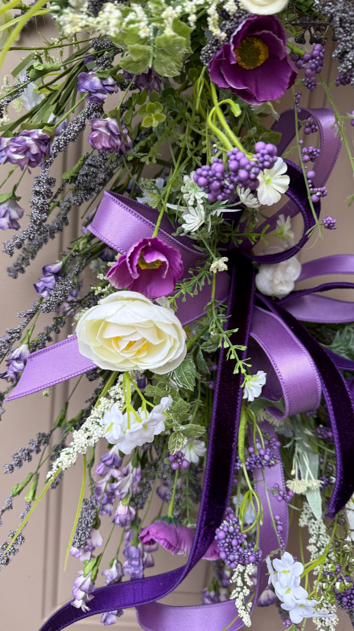 Purple Floral Easter Wreath with Wooden Cross – Christian Spring Door Decor