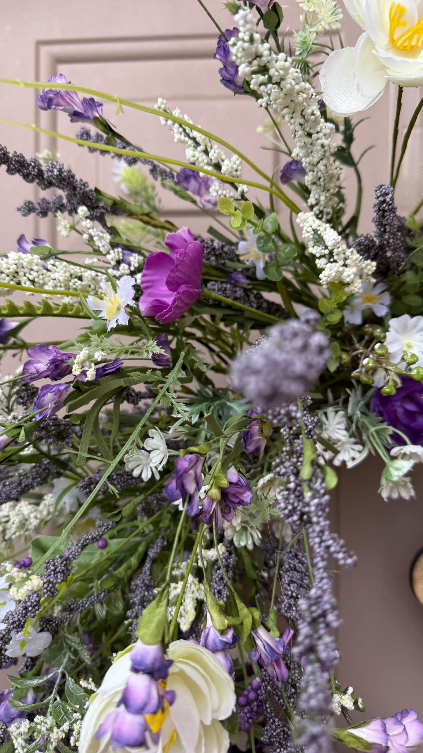 Purple Floral Easter Wreath with Wooden Cross – Christian Spring Door Decor