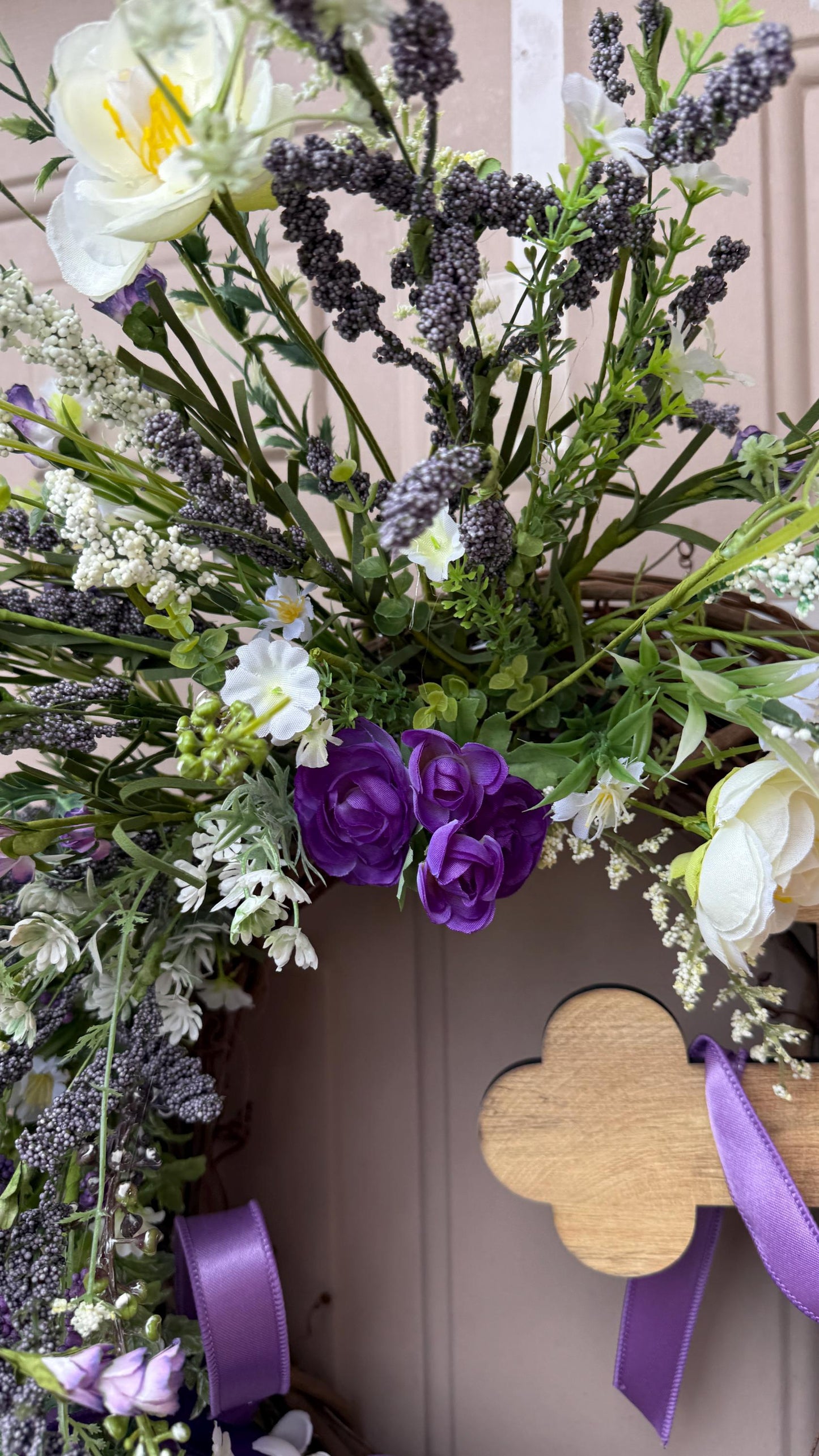 Purple Floral Easter Wreath with Wooden Cross – Christian Spring Door Decor