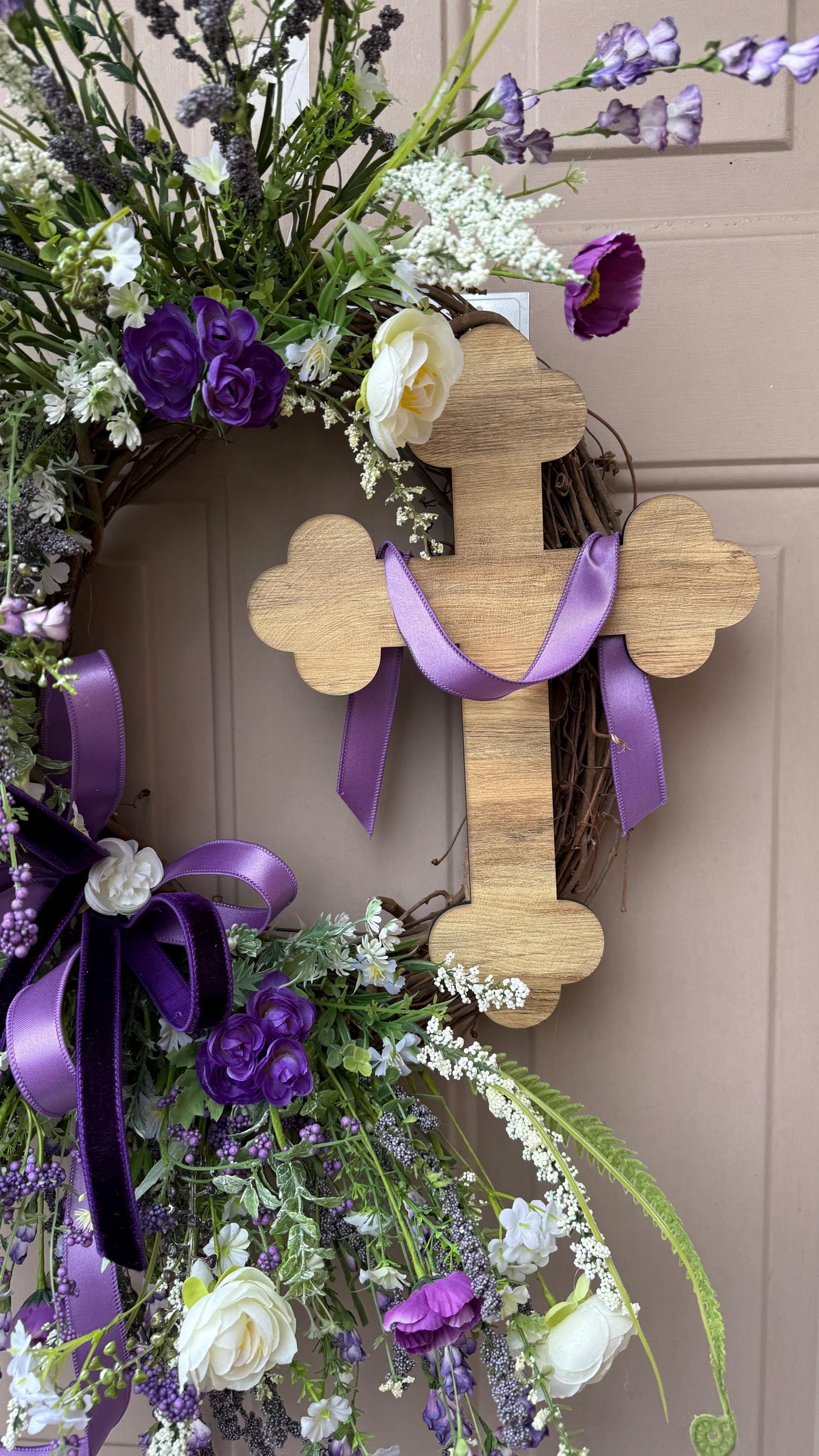 Purple Floral Easter Wreath with Wooden Cross – Christian Spring Door Decor
