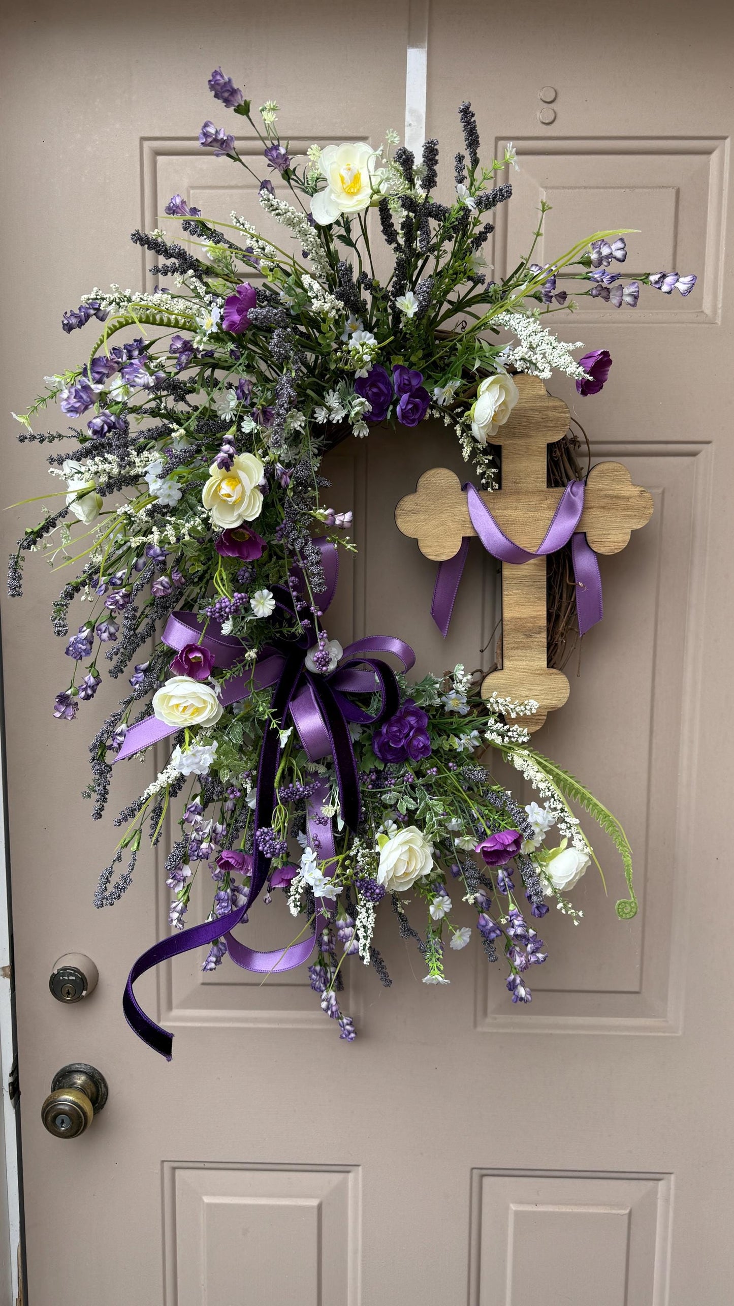 Purple Floral Easter Wreath with Wooden Cross – Christian Spring Door Decor