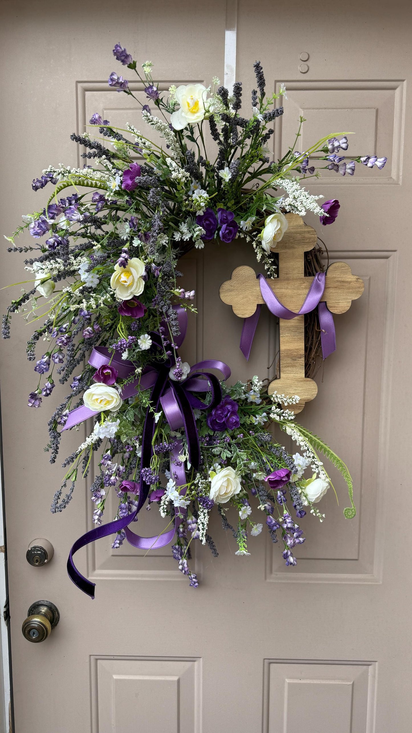 Purple Floral Easter Wreath with Wooden Cross – Christian Spring Door Decor