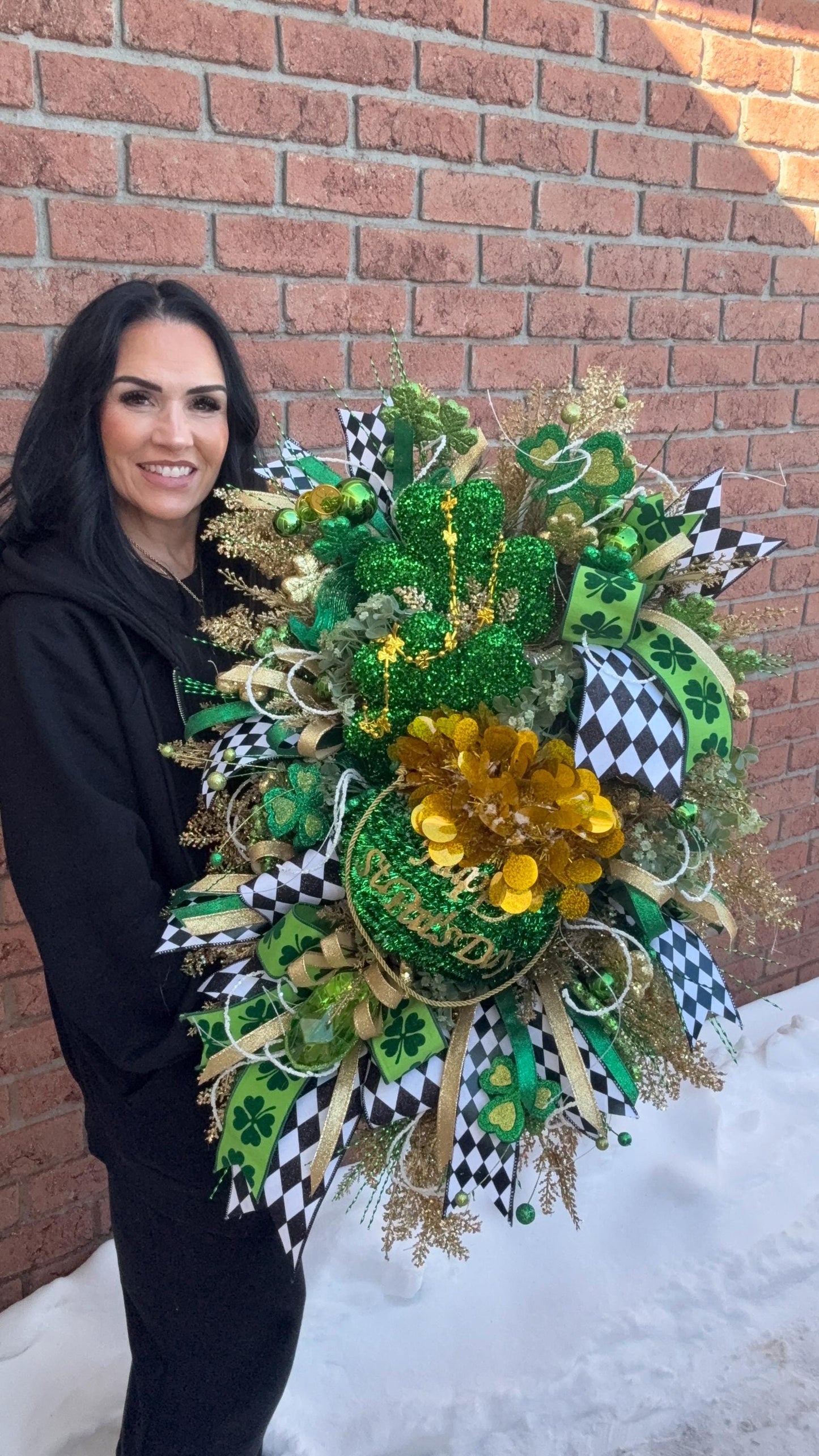 St. Patrick's Day Shamrock Wreath  Green  Gold Clover Door Decor with Glitter Designer  Ribbons