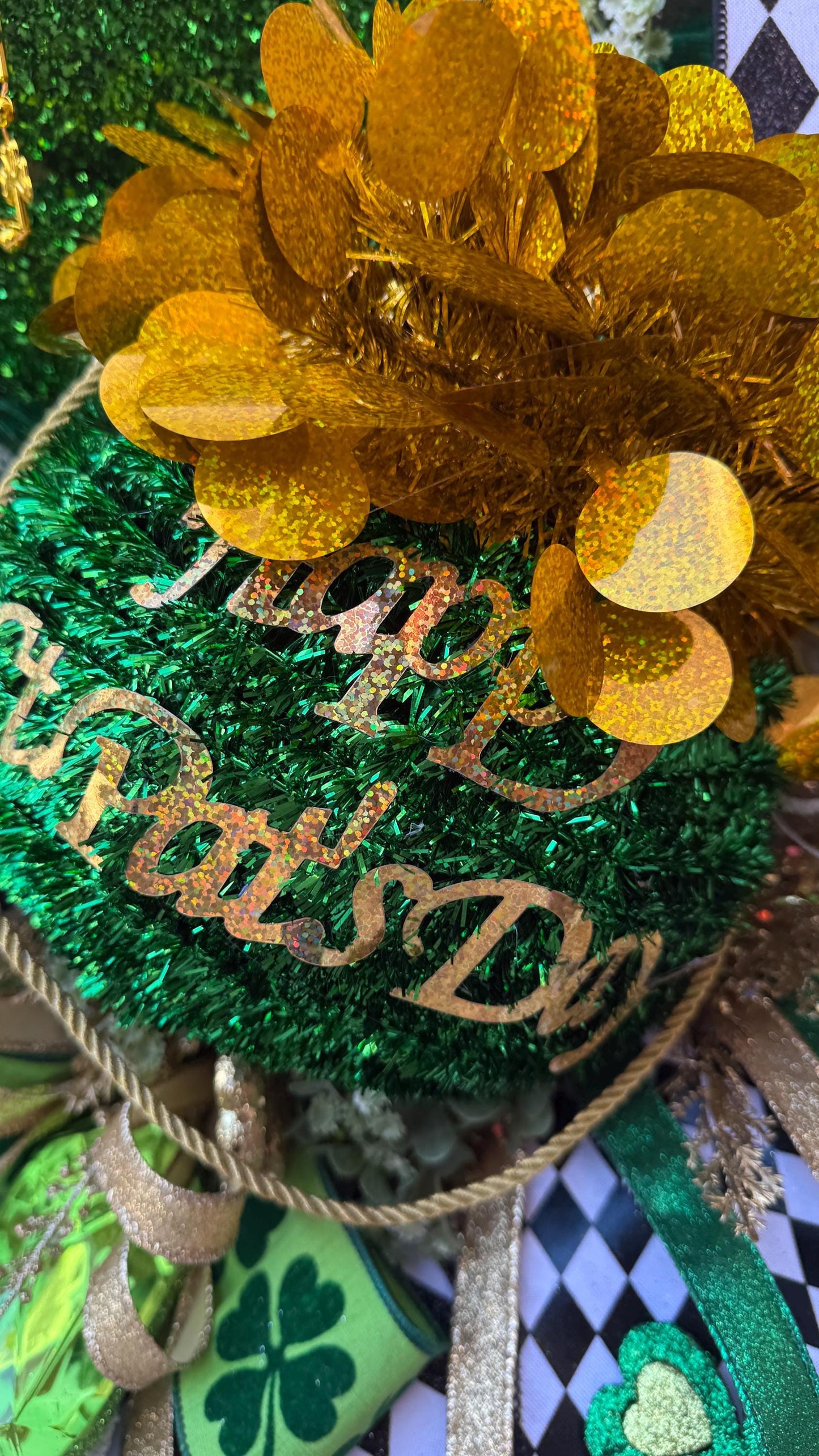 St. Patrick's Day Shamrock Wreath  Green  Gold Clover Door Decor with Glitter Designer  Ribbons