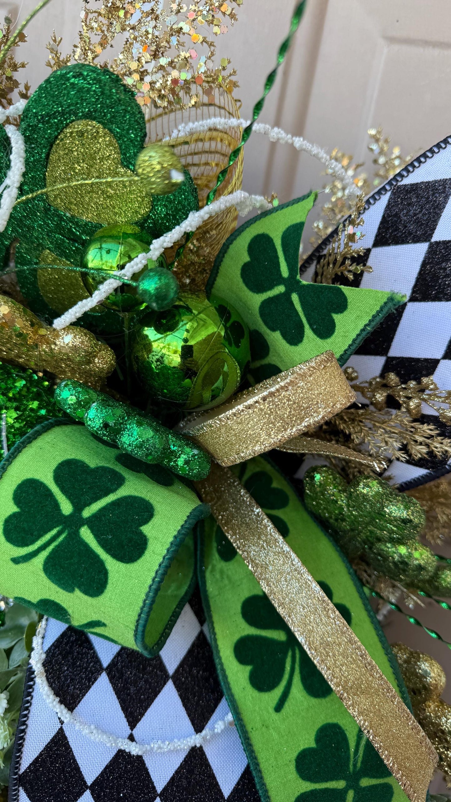 St. Patrick's Day Shamrock Wreath  Green  Gold Clover Door Decor with Glitter Designer  Ribbons