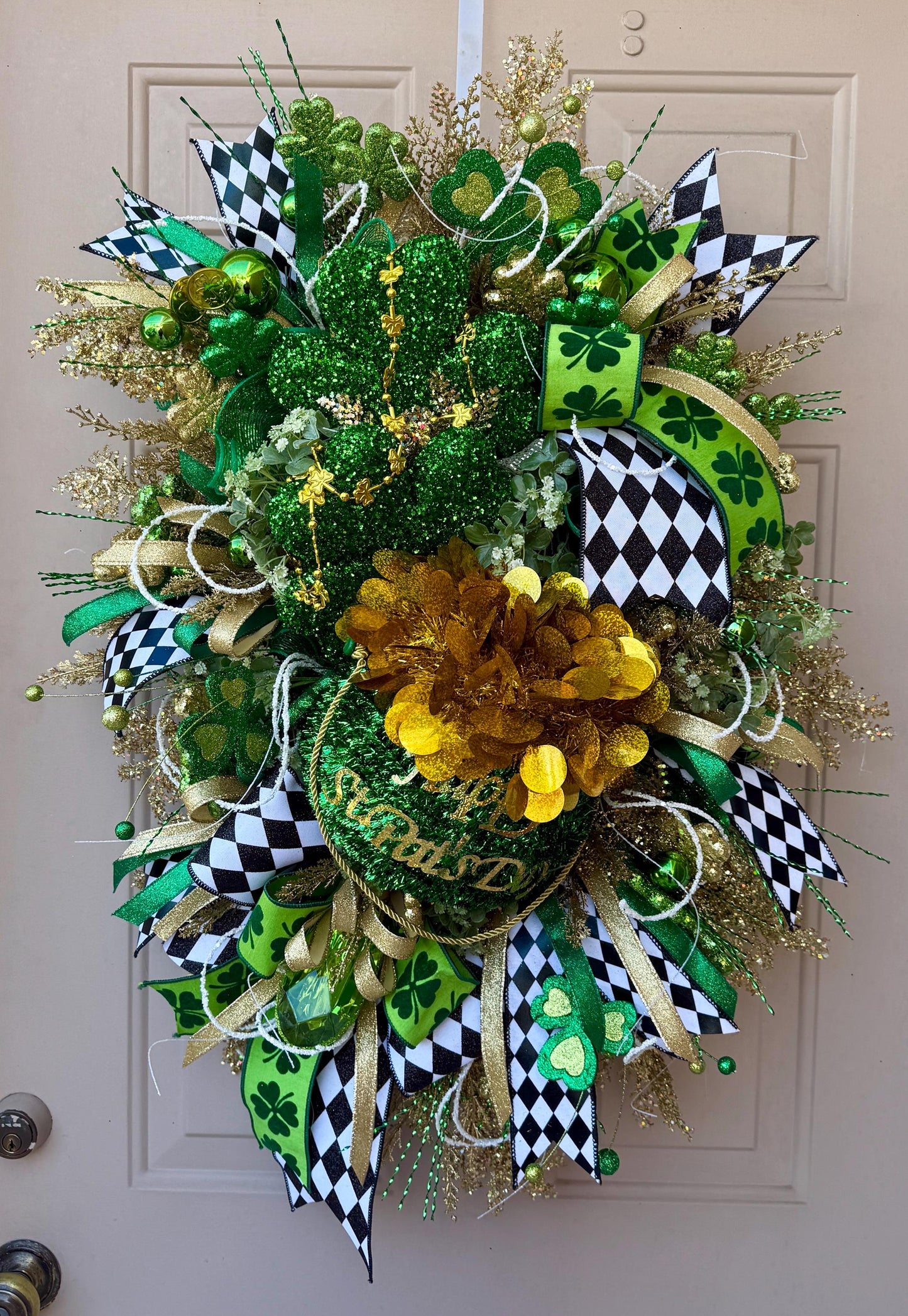 St. Patrick's Day Shamrock Wreath  Green  Gold Clover Door Decor with Glitter Designer  Ribbons