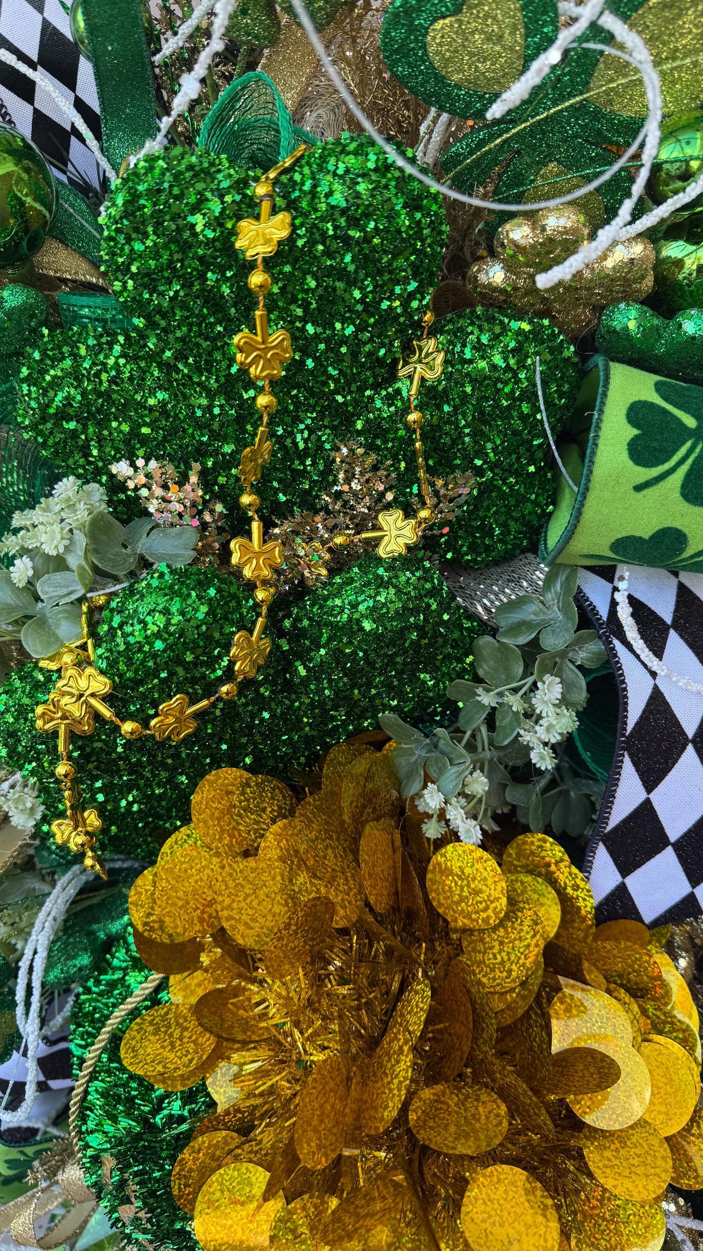 St. Patrick's Day Shamrock Wreath  Green  Gold Clover Door Decor with Glitter Designer  Ribbons