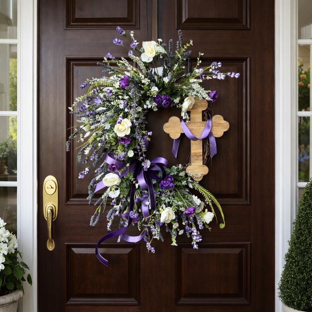 Purple Floral Easter Wreath with Wooden Cross – Christian Spring Door Decor