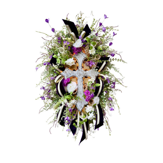 Lighted Purple Floral Cross Wreath with Remote, Christian Easter Door Decor, Wedding Decorations
