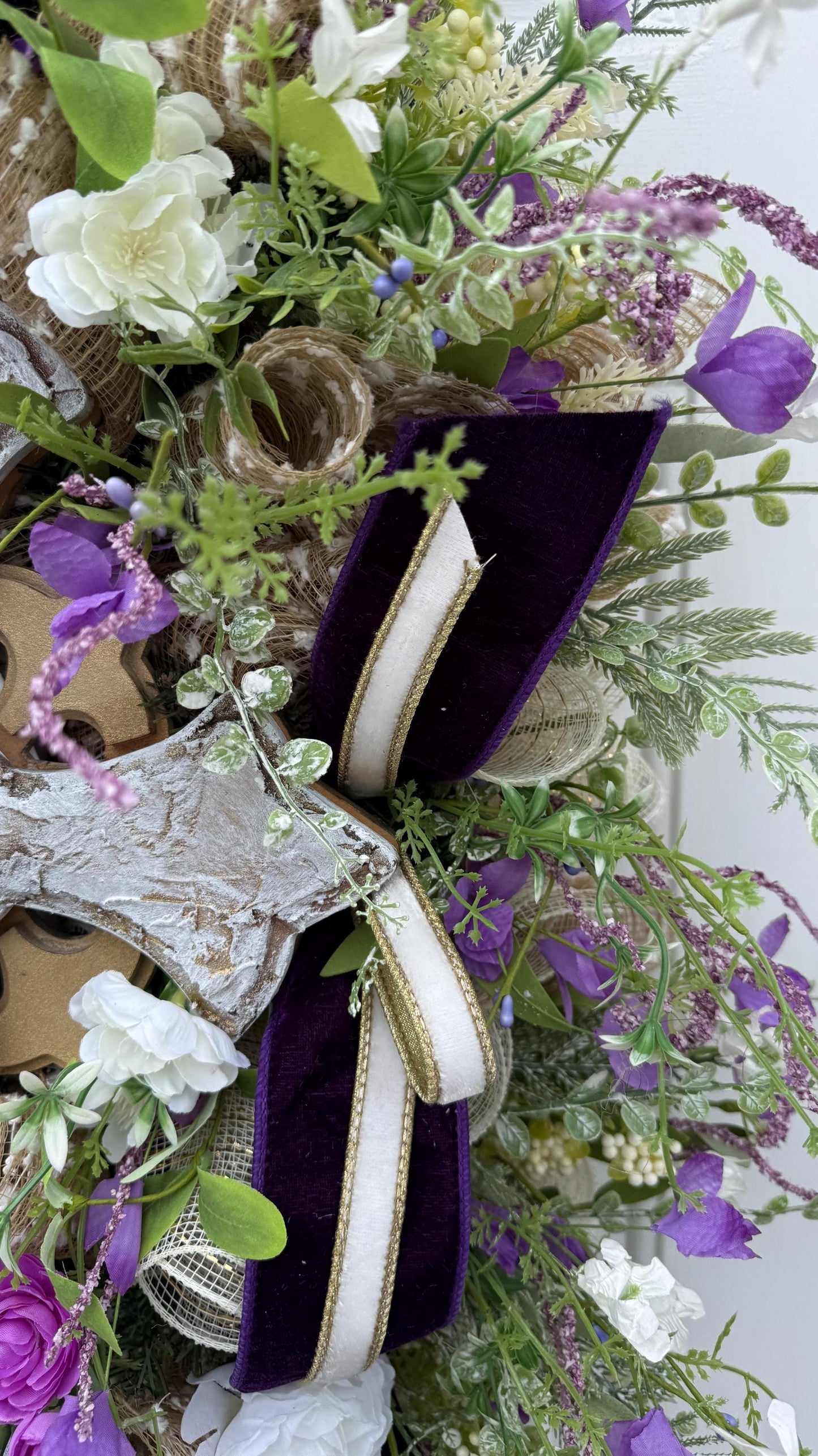 Lighted Purple Floral Cross Wreath with Remote, Christian Easter Door Decor, Wedding Decorations