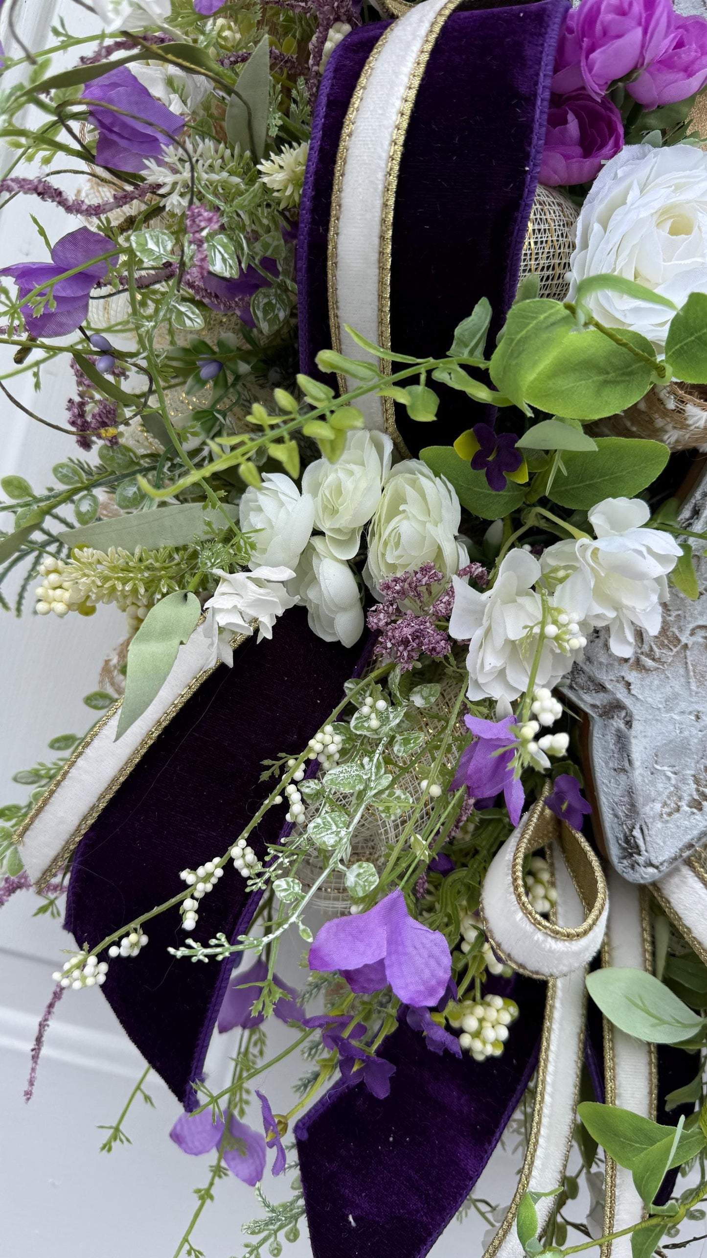 Lighted Purple Floral Cross Wreath with Remote, Christian Easter Door Decor, Wedding Decorations