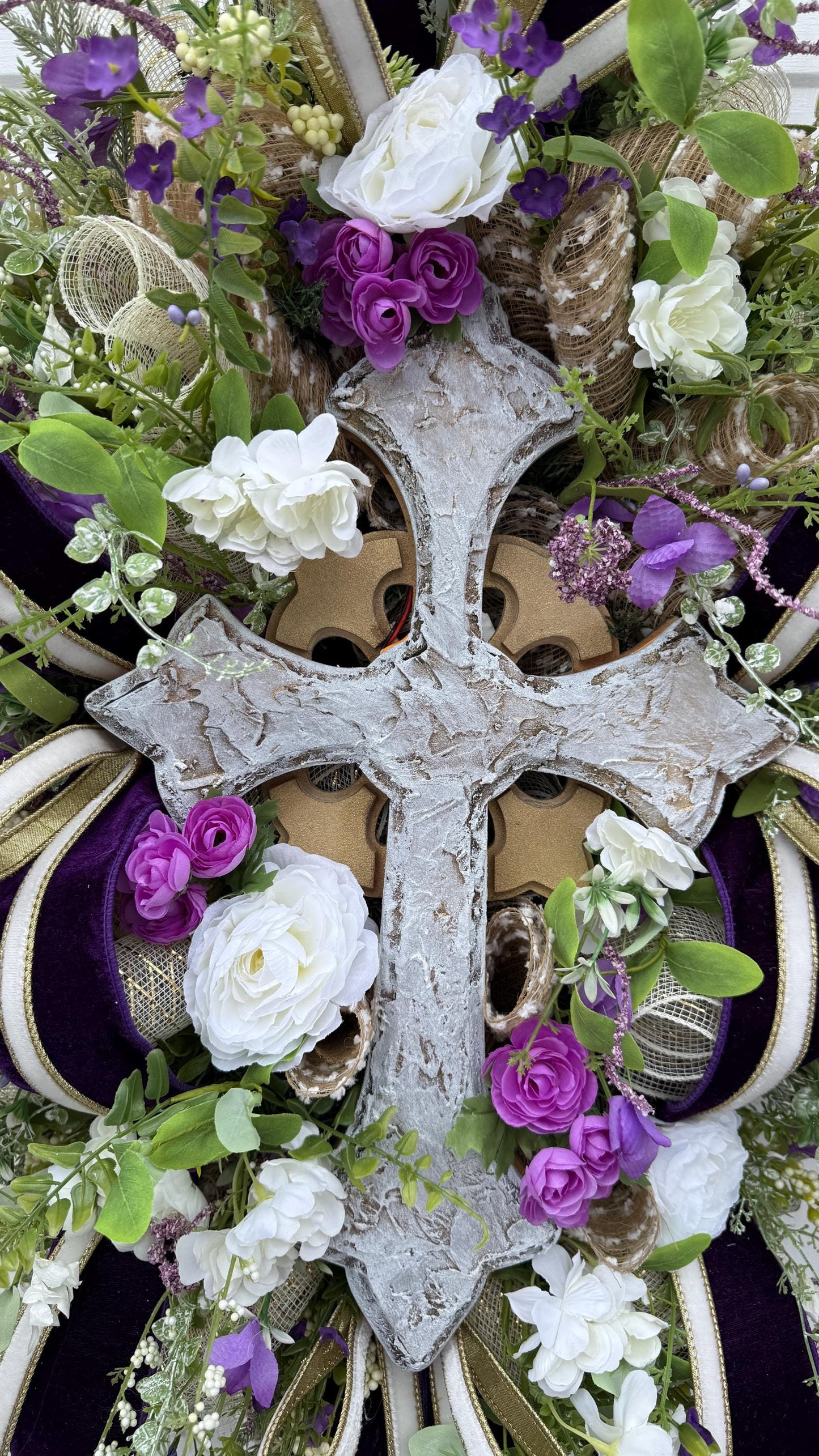 Lighted Purple Floral Cross Wreath with Remote, Christian Easter Door Decor, Wedding Decorations