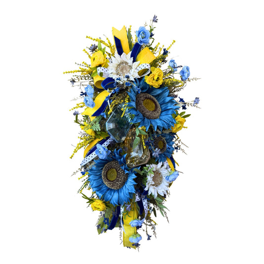 Blue And Yellow Sunflower Swag With Ribbon And Crystals Spring Front Door Wreath Faux Floral Wall Decor