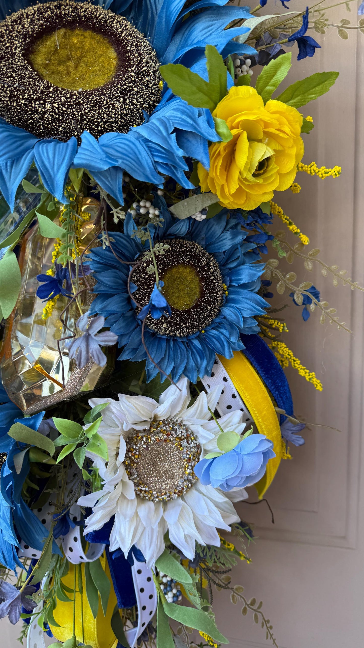 Blue And Yellow Sunflower Swag With Ribbon And Crystals Spring Front Door Wreath Faux Floral Wall Decor