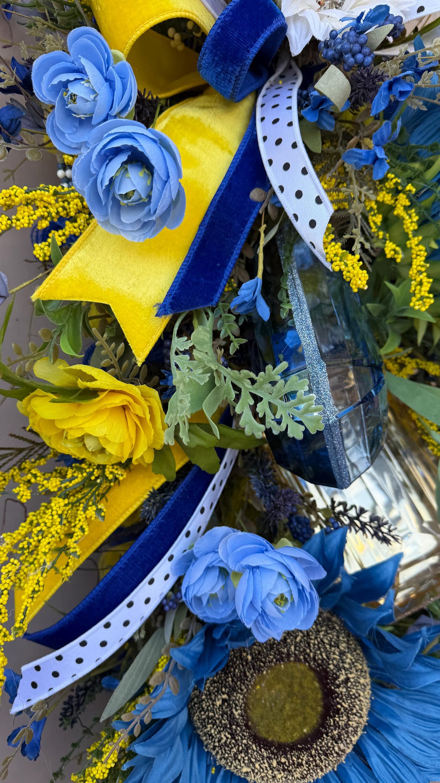 Blue And Yellow Sunflower Swag With Ribbon And Crystals Spring Front Door Wreath Faux Floral Wall Decor