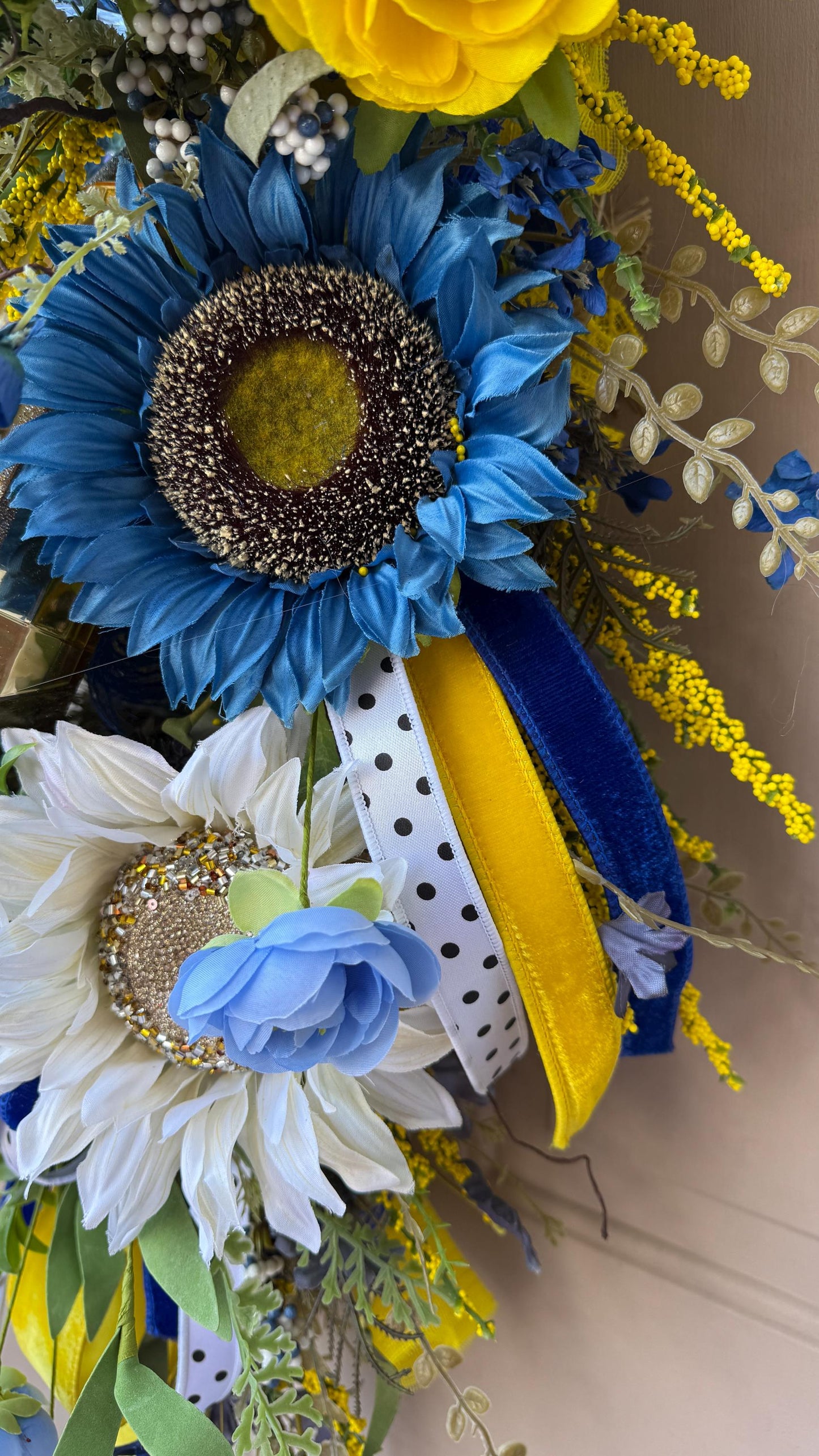 Blue And Yellow Sunflower Swag With Ribbon And Crystals Spring Front Door Wreath Faux Floral Wall Decor