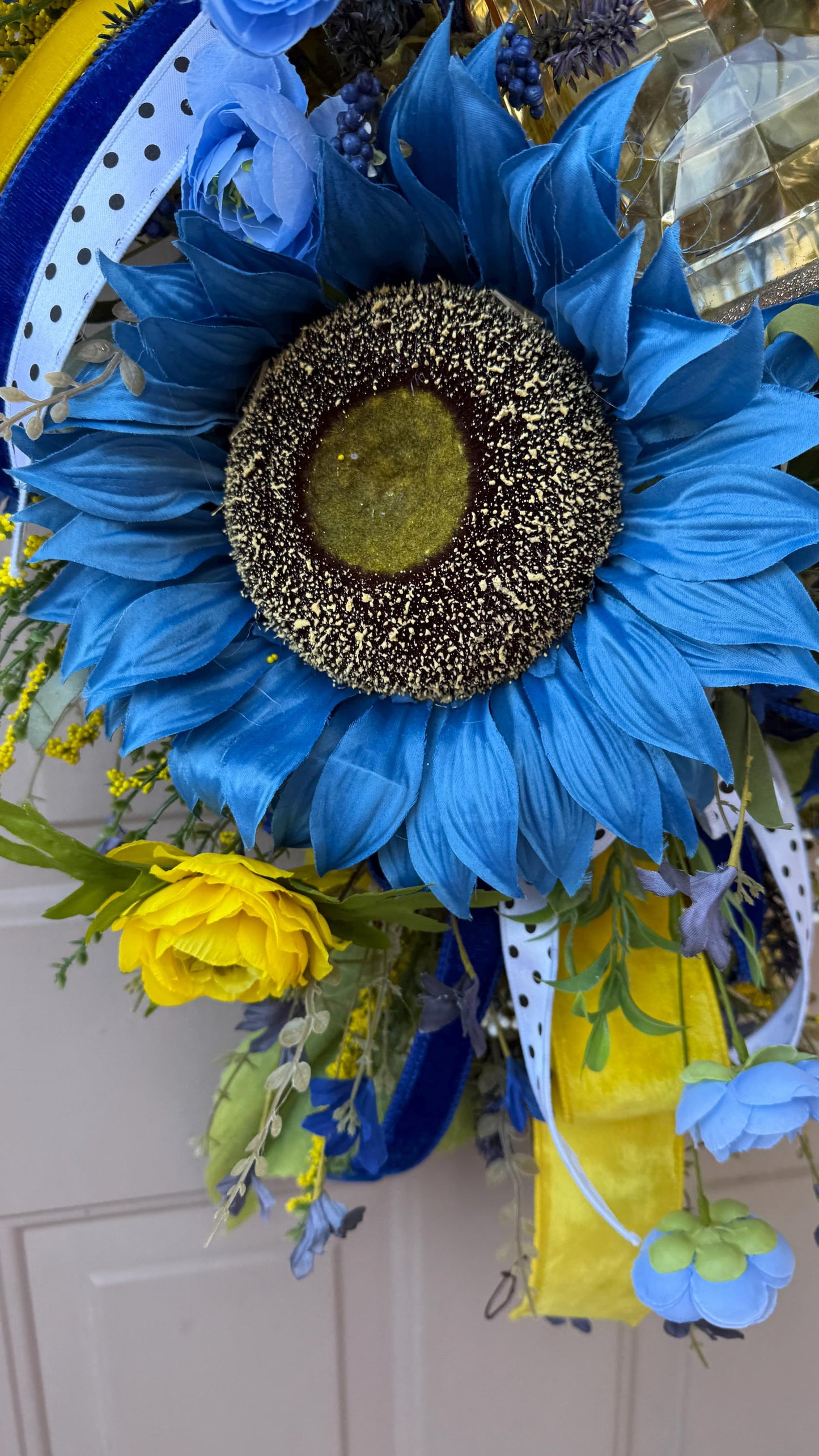 Blue And Yellow Sunflower Swag With Ribbon And Crystals Spring Front Door Wreath Faux Floral Wall Decor