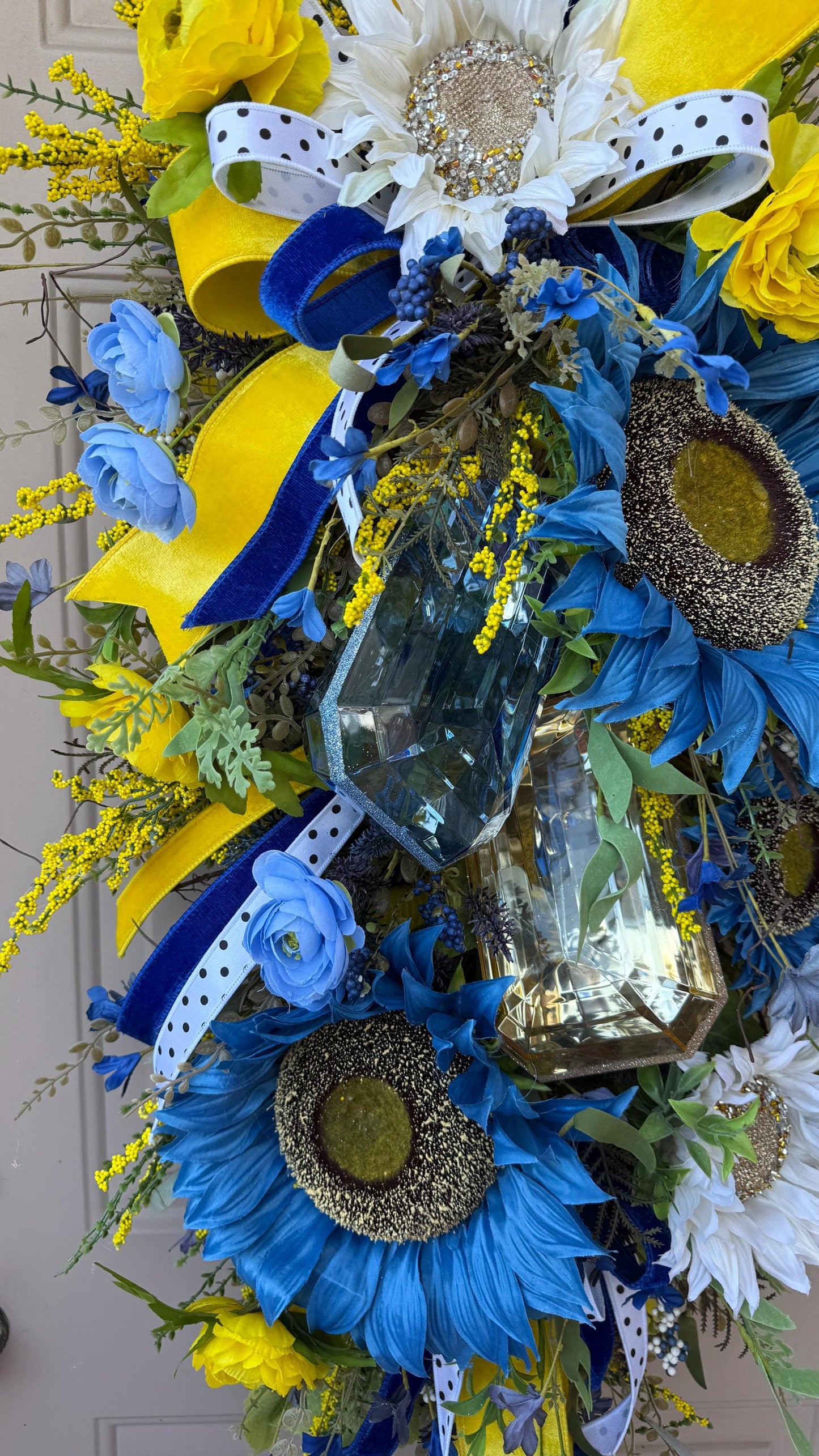 Blue And Yellow Sunflower Swag With Ribbon And Crystals Spring Front Door Wreath Faux Floral Wall Decor