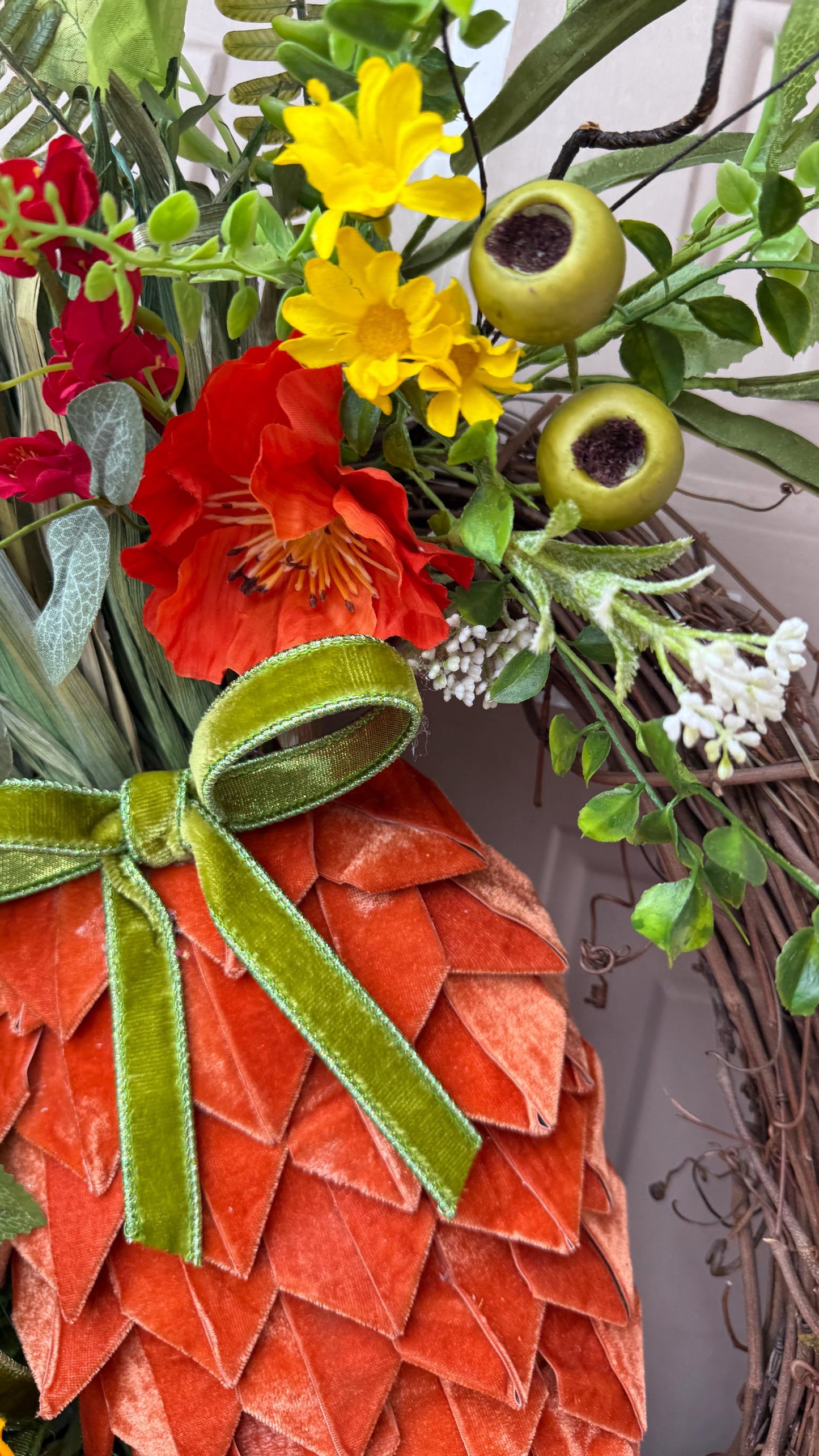 XL Spring Carrot Grapevine Wreath with Velvet Carrot and Designer Ribbon