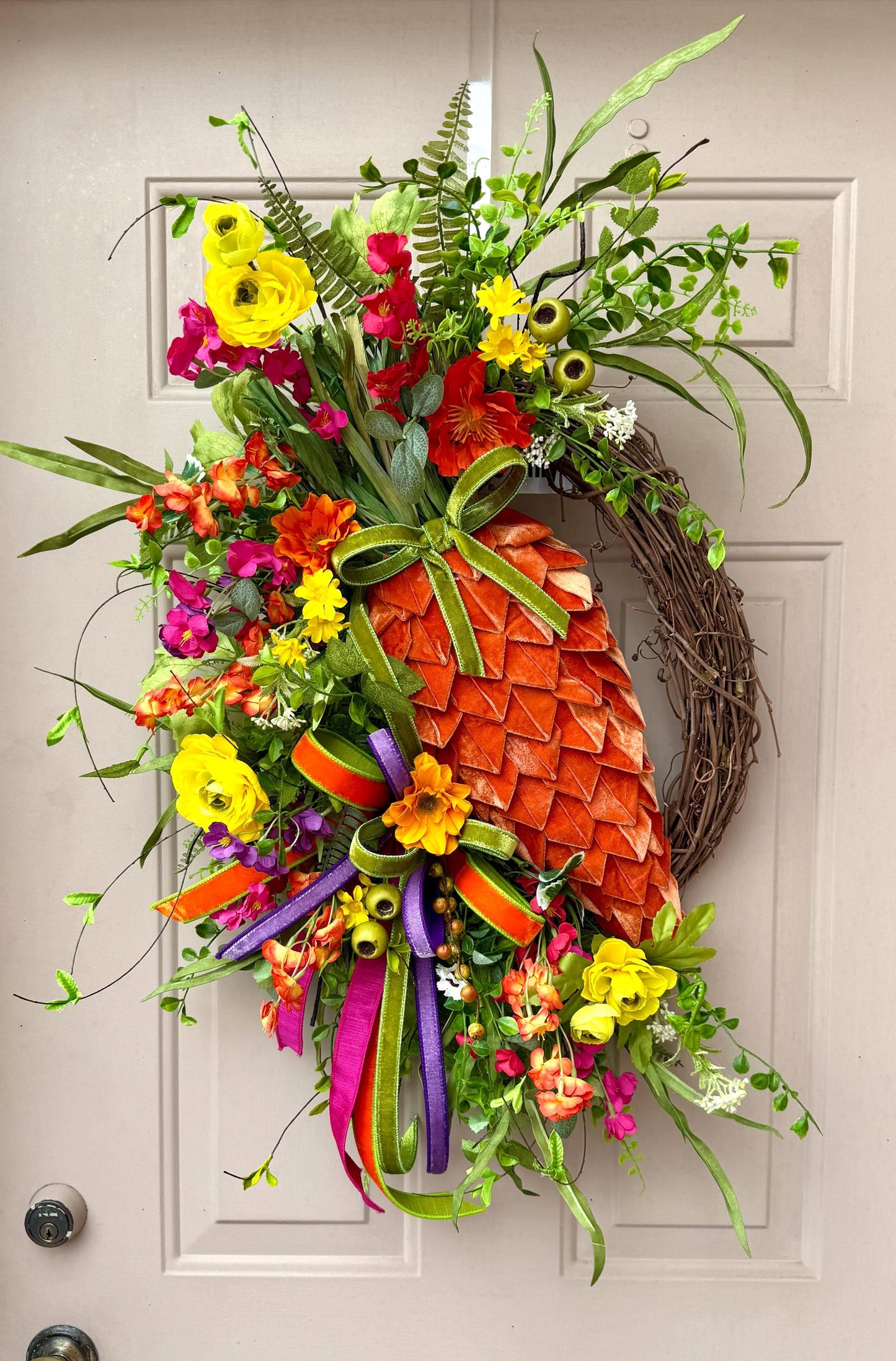 XL Spring Carrot Grapevine Wreath with Velvet Carrot and Designer Ribbon