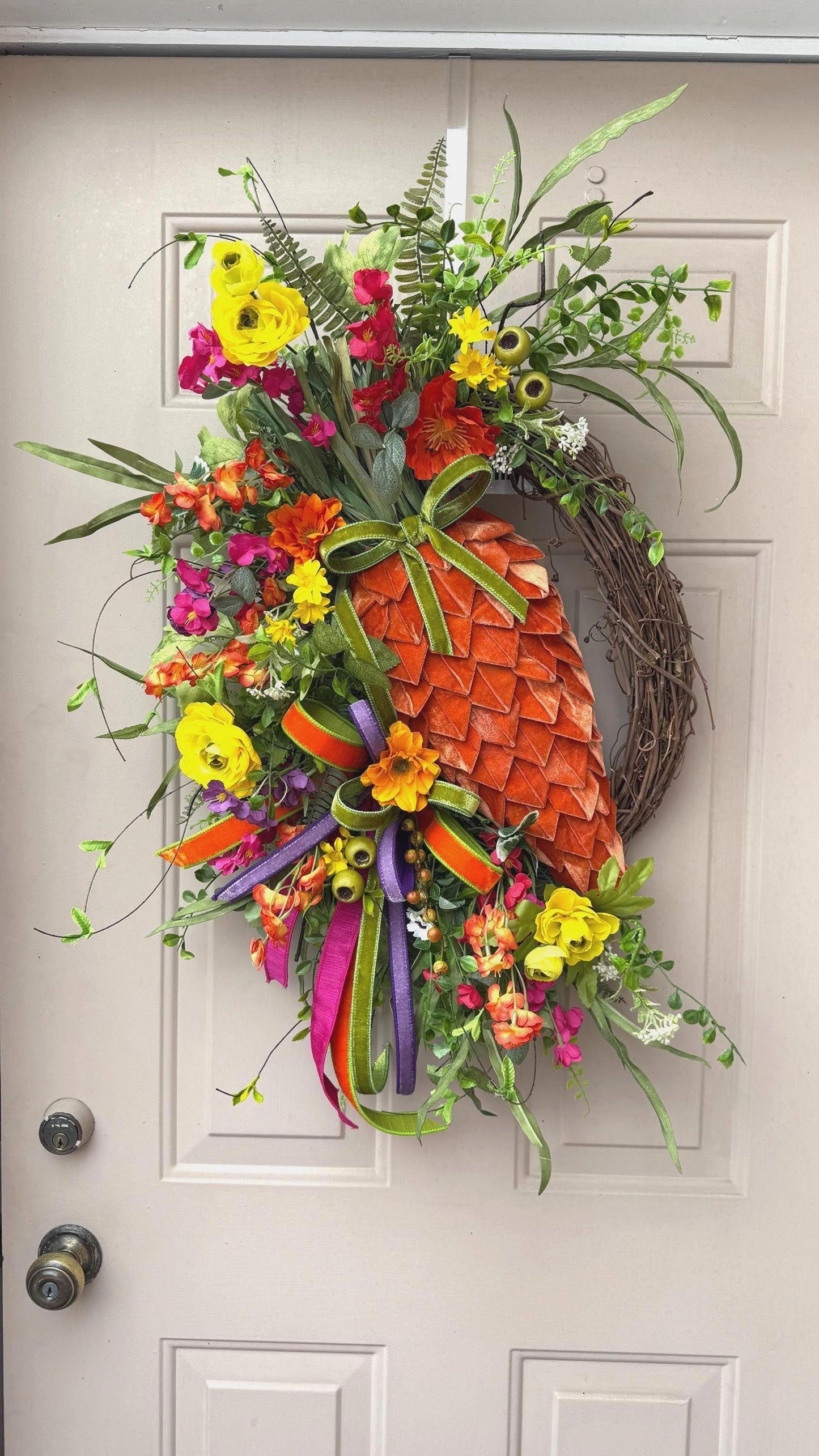 XL Spring Carrot Grapevine Wreath with Velvet Carrot and Designer Ribbon