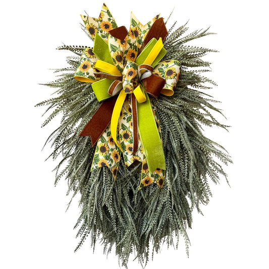 Extra Large Beaded Grass Wreath with Sunflower Ribbon Bow, Spring Door Swag, Rustic Farmhouse Front Door Decor