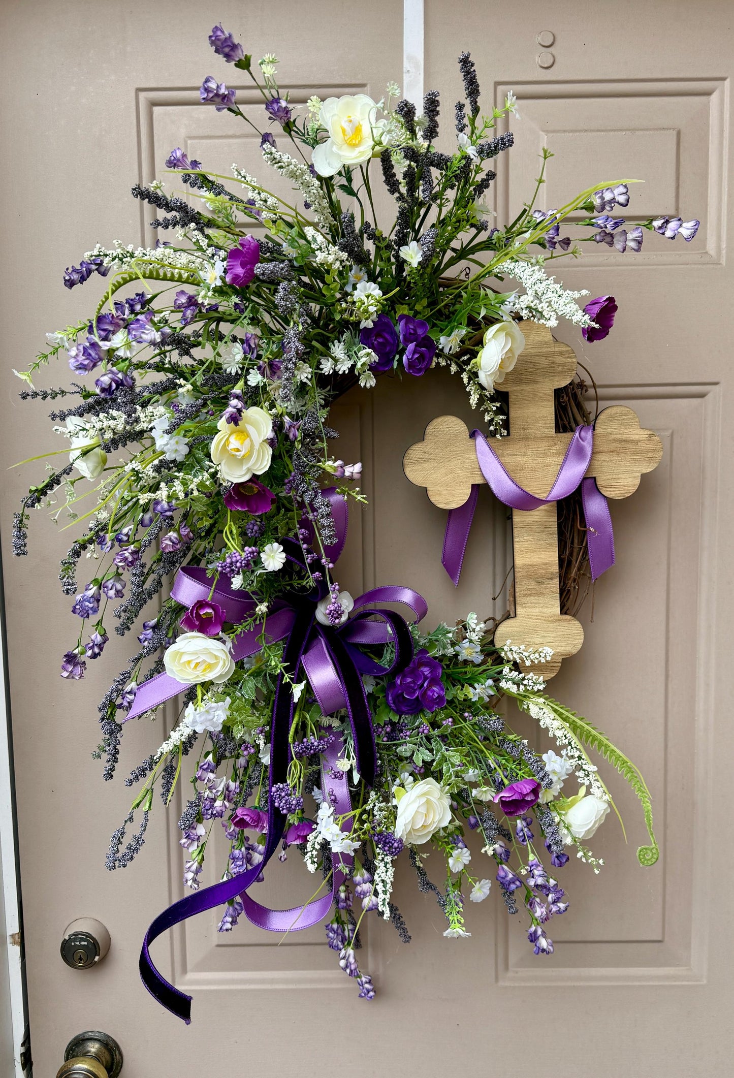 Purple Floral Easter Wreath with Wooden Cross – Christian Spring Door Decor