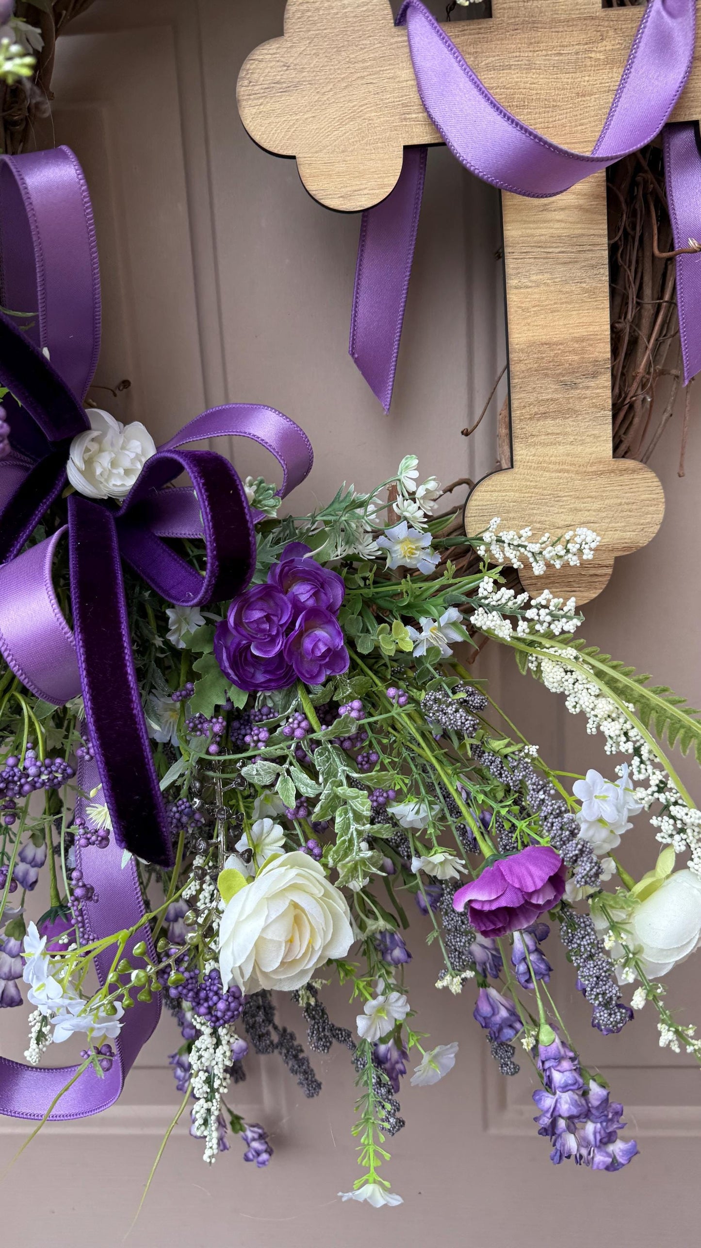 Purple Floral Easter Wreath with Wooden Cross – Christian Spring Door Decor