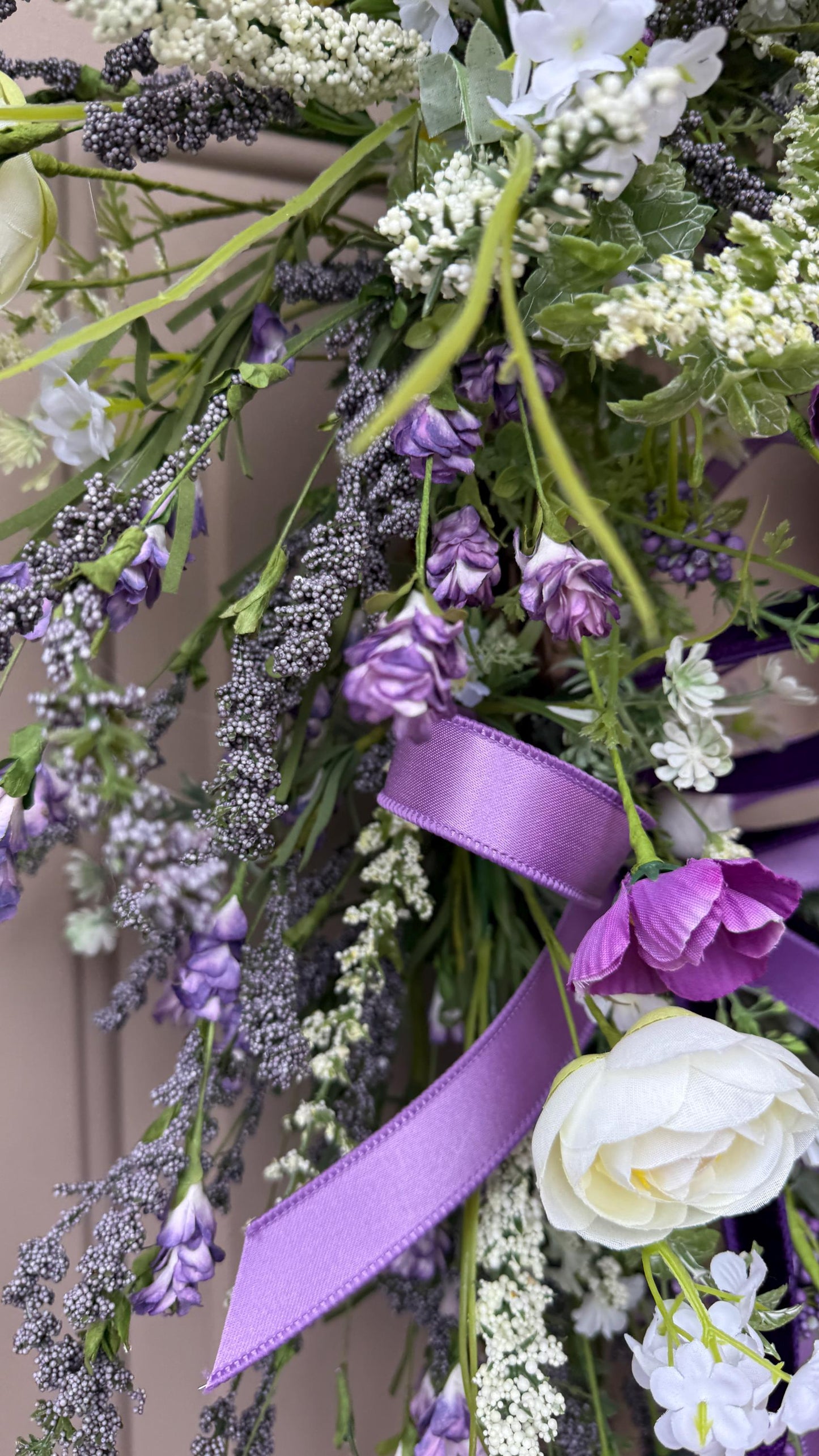 Purple Floral Easter Wreath with Wooden Cross – Christian Spring Door Decor