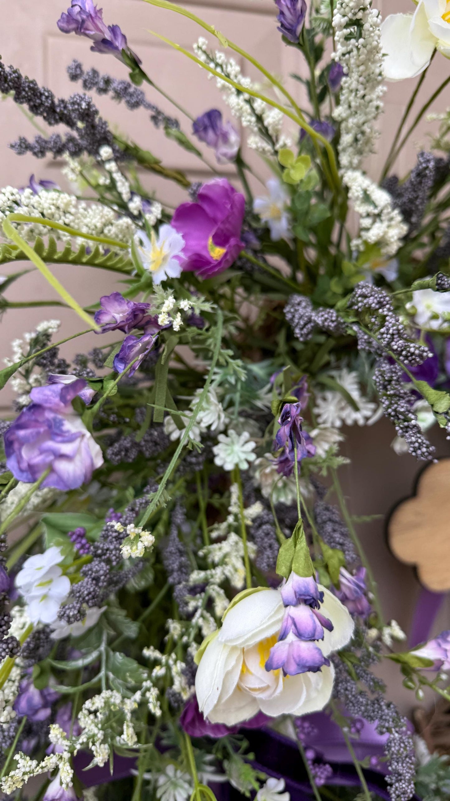Purple Floral Easter Wreath with Wooden Cross – Christian Spring Door Decor
