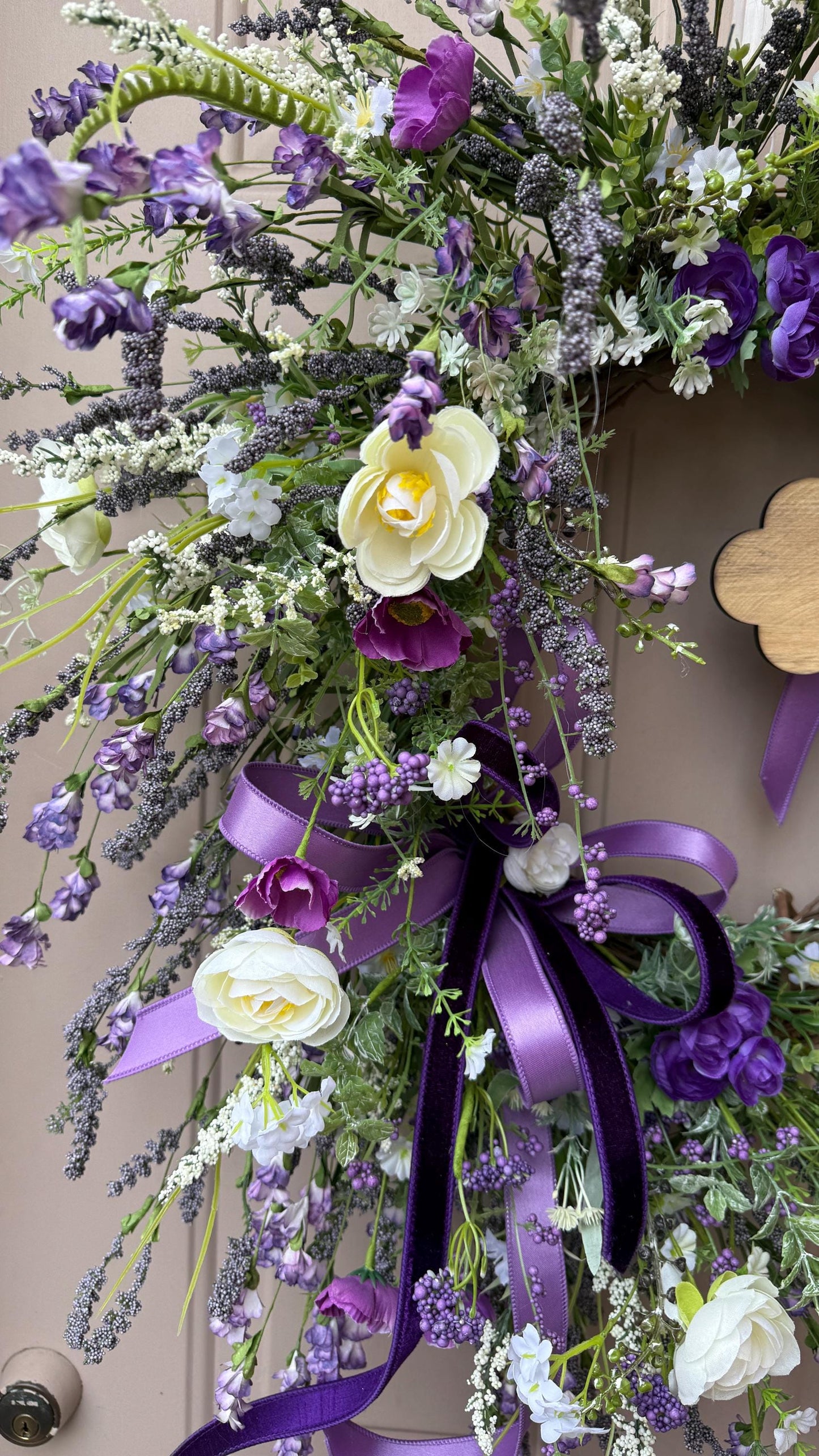 Purple Floral Easter Wreath with Wooden Cross – Christian Spring Door Decor