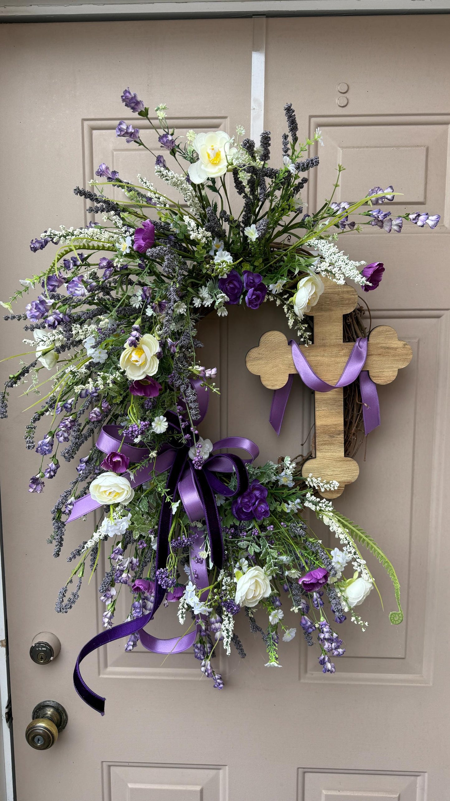 Purple Floral Easter Wreath with Wooden Cross – Christian Spring Door Decor