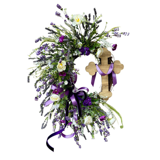 Purple Floral Easter Wreath with Wooden Cross – Christian Spring Door Decor