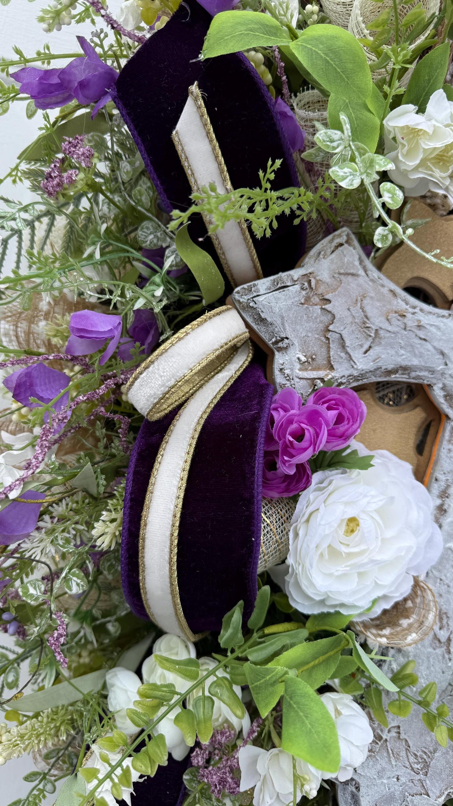 Lighted Purple Floral Cross Wreath with Remote, Christian Easter Door Decor, Wedding Decorations