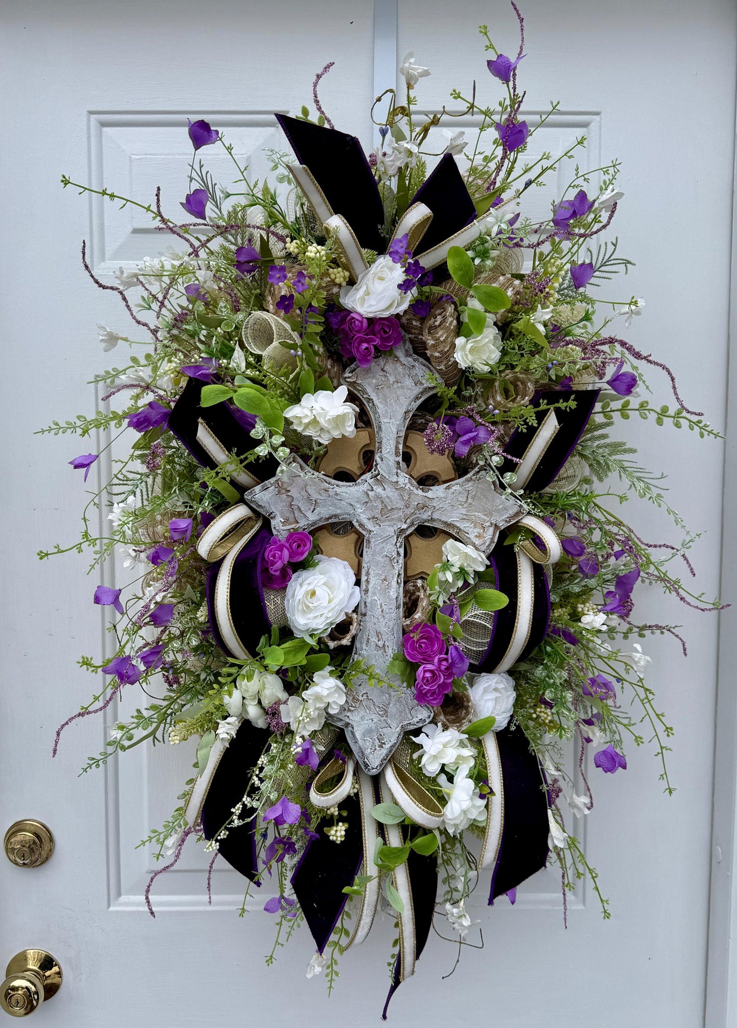 Lighted Purple Floral Cross Wreath with Remote, Christian Easter Door Decor, Wedding Decorations